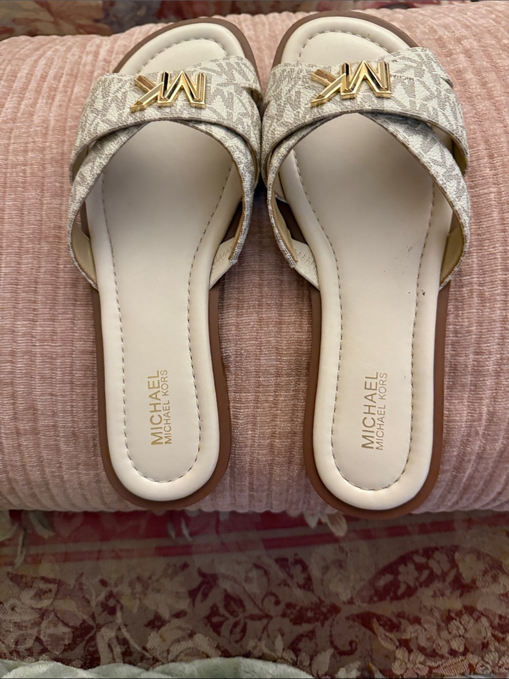Michael Kors Cream Logo Crossband Slide Sandals with Gold MK Accent. Brand New.